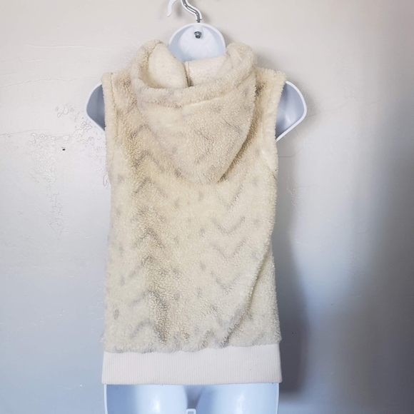 Billabong Small Furry Vest Full Zip Hooded Ivory Cream Grey Chevron Jacket Top - Picture 5 of 7